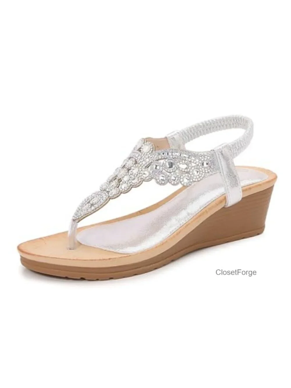 Women's T-Strap Rhinestone Wedge Sandals Arch Support Non Slip